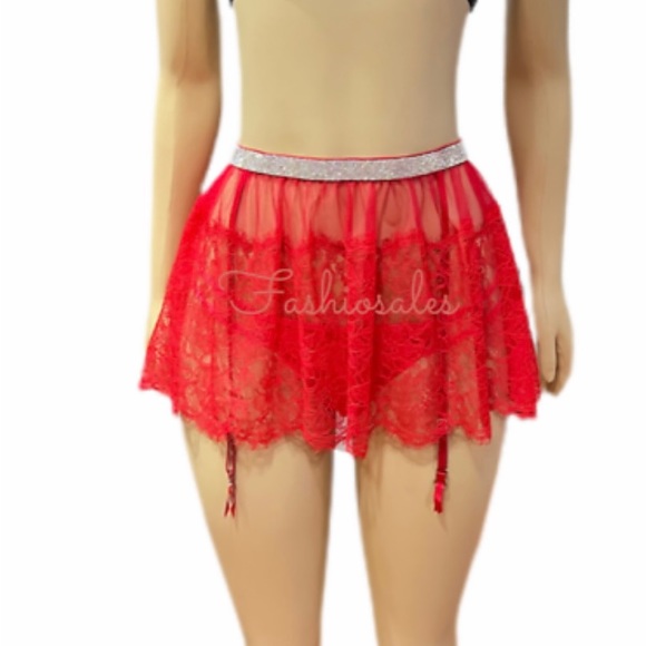 Victoria’s Secret Rhinestone Shine Red Lace Skirt with Garters NWT - Picture 12 of 16